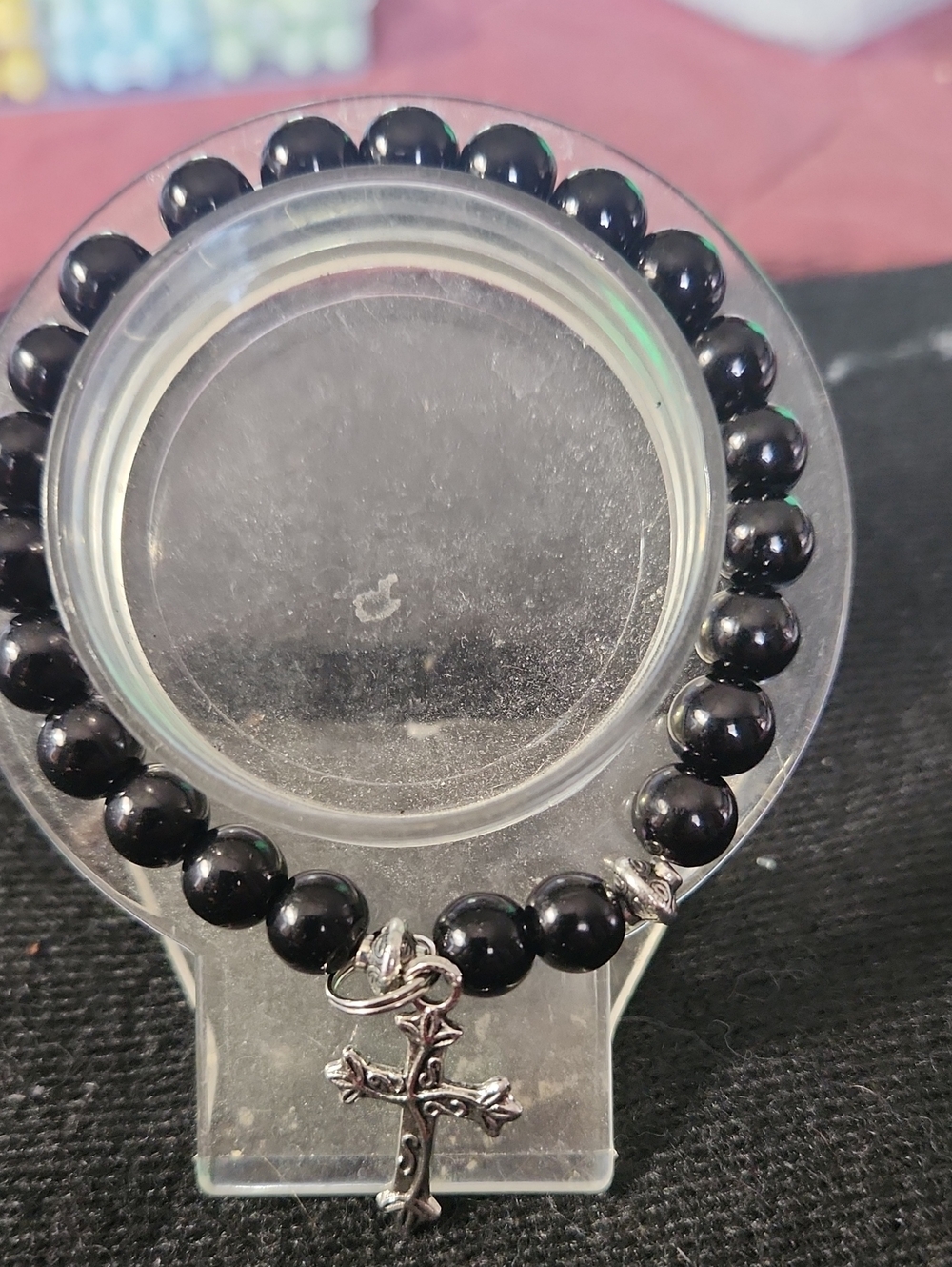 Black Beaded  Bracelet with Silver Cross Charm
